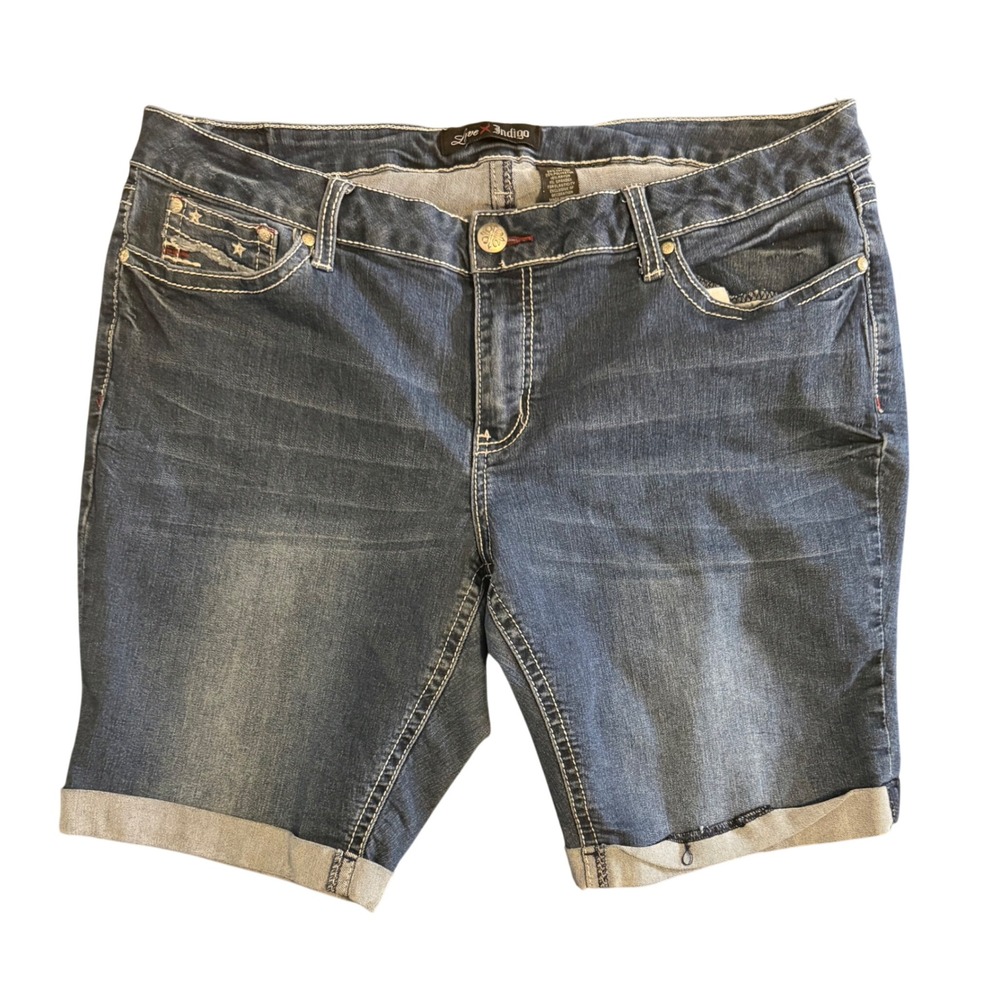 Love Indigo Denim Shorts Womens 18 Blue Americana Stars Stripes Embroidered Cuff